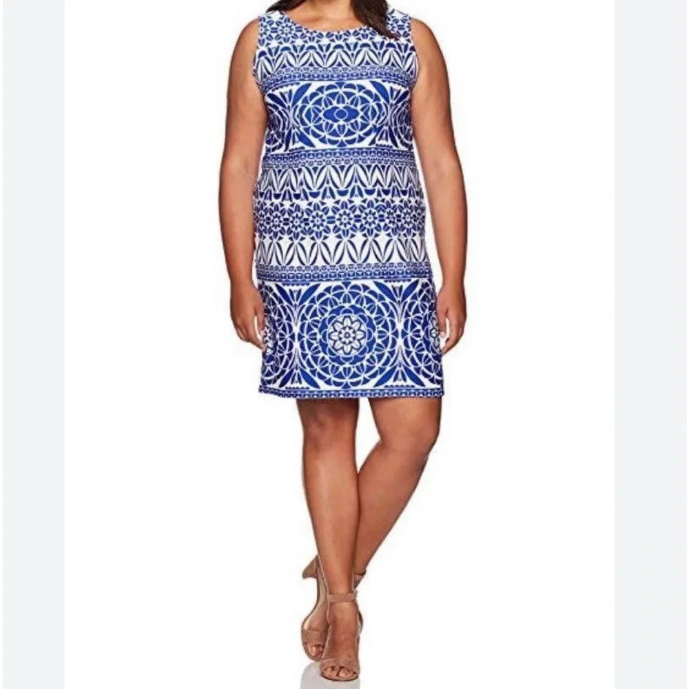 Just . . .Taylor Royal Blue and White Geometric‎ Print Sleeveless Dress. Size 8.